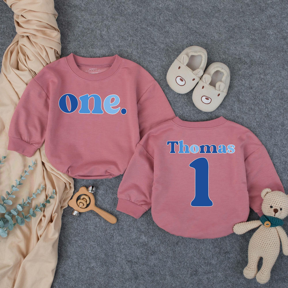 Personalized First Birthday Boy Romper with Blue One Design, Custom Name and Age Outfit for Cake Smash, Soft Cotton Baby Party Clothes