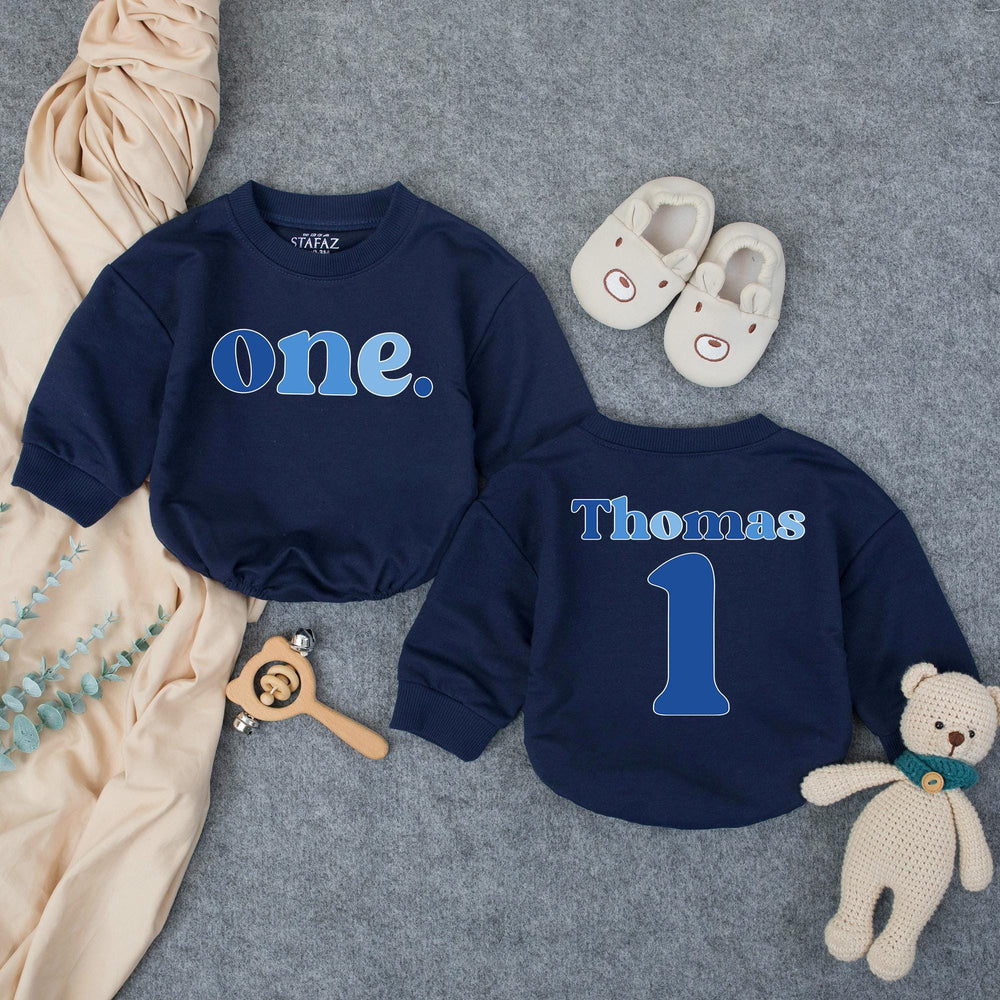 Personalized First Birthday Boy Romper with Blue One Design, Custom Name and Age Outfit for Cake Smash, Soft Cotton Baby Party Clothes