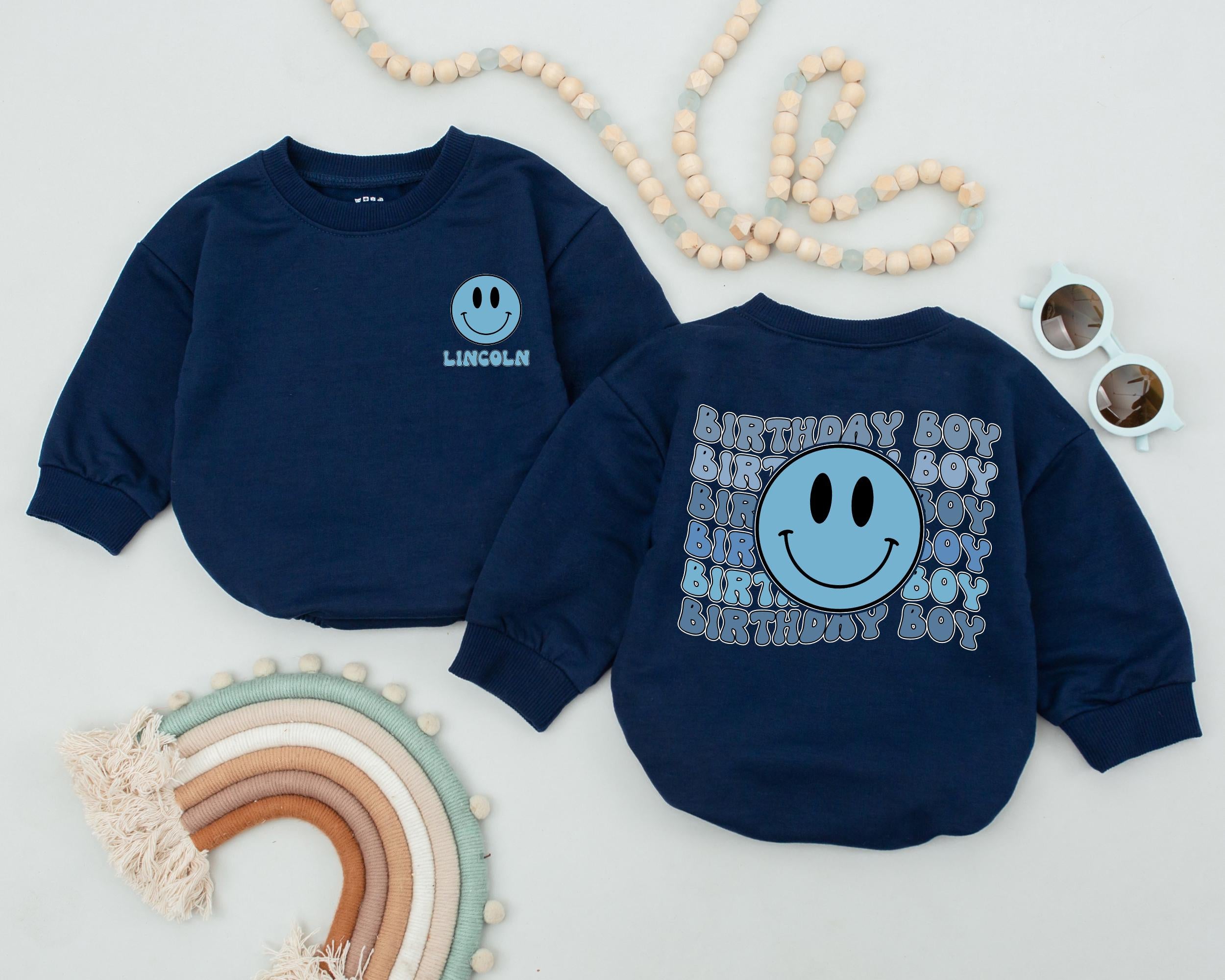 Personalized First Birthday Boy Romper Blue Smiley Face Outfit Custom Name Newborn Bubble Romper Baby Shower Gift Soft Cotton Clothes