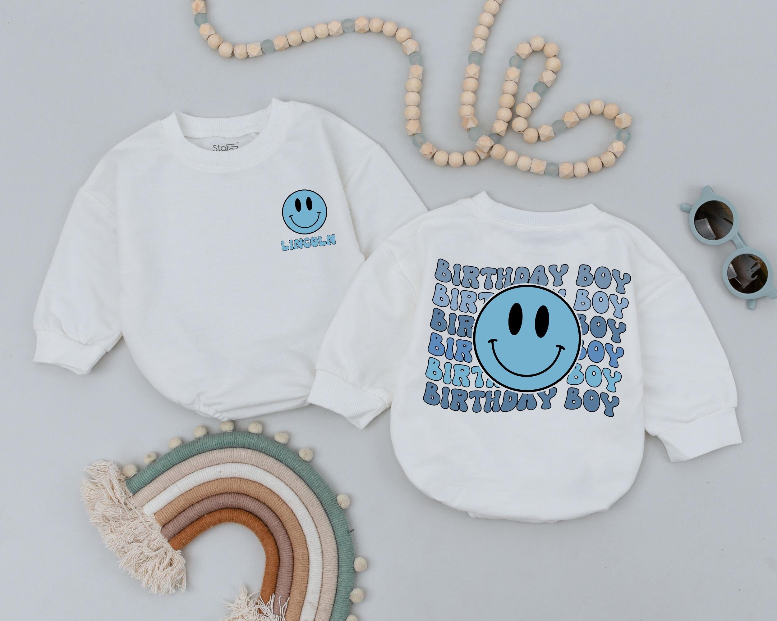 Personalized First Birthday Boy Romper Blue Smiley Face Outfit Custom Name Newborn Bubble Romper Baby Shower Gift Soft Cotton Clothes