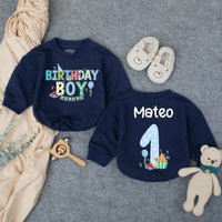 Personalized First Birthday Boy Romper with Cupcake and Name Mateo Whimsical Party Outfit Toddler Baby Clothes Light Blue Polka Dots Gift