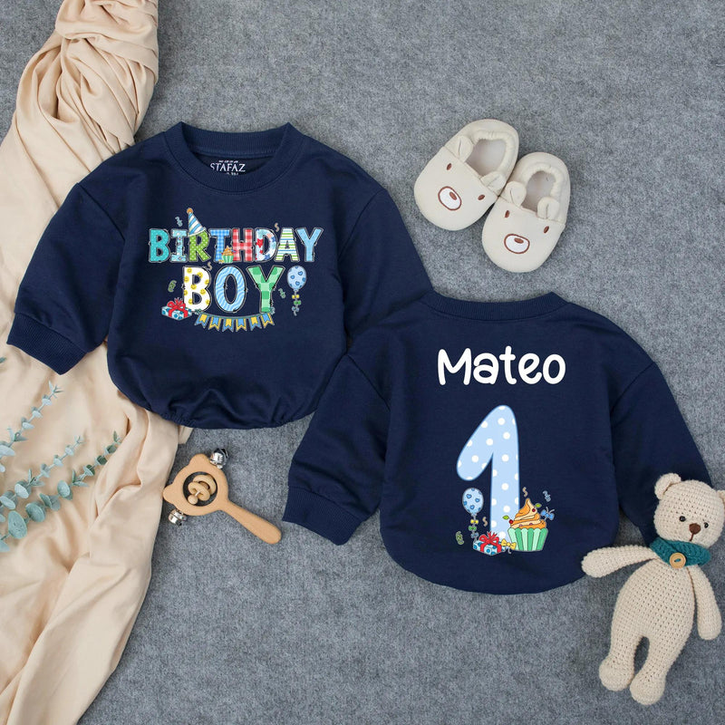 Personalized First Birthday Boy Romper with Cupcake and Name Mateo Whimsical Party Outfit Toddler Baby Clothes Light Blue Polka Dots Gift