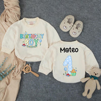Personalized First Birthday Boy Romper with Cupcake and Name Mateo Whimsical Party Outfit Toddler Baby Clothes Light Blue Polka Dots Gift
