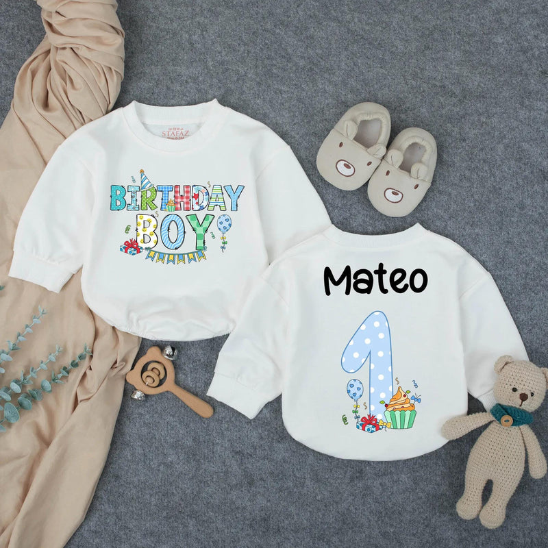 Personalized First Birthday Boy Romper with Cupcake and Name Mateo Whimsical Party Outfit Toddler Baby Clothes Light Blue Polka Dots Gift