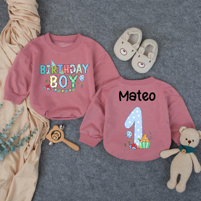 Personalized First Birthday Boy Romper with Cupcake and Name Mateo Whimsical Party Outfit Toddler Baby Clothes Light Blue Polka Dots Gift