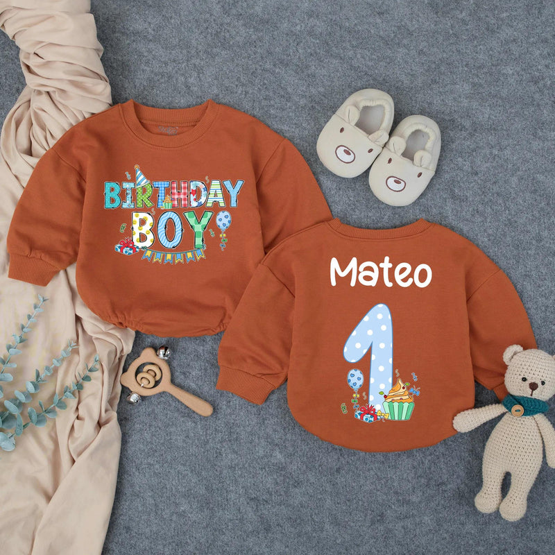 Personalized First Birthday Boy Romper with Cupcake and Name Mateo Whimsical Party Outfit Toddler Baby Clothes Light Blue Polka Dots Gift