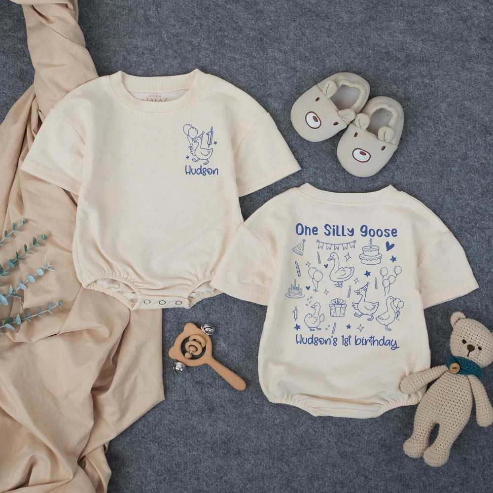 Personalized First Birthday Boy Romper with Goose Theme Hudson's 1st Celebration Outfit Charming Hand-Drawn Blue Design Custom Name