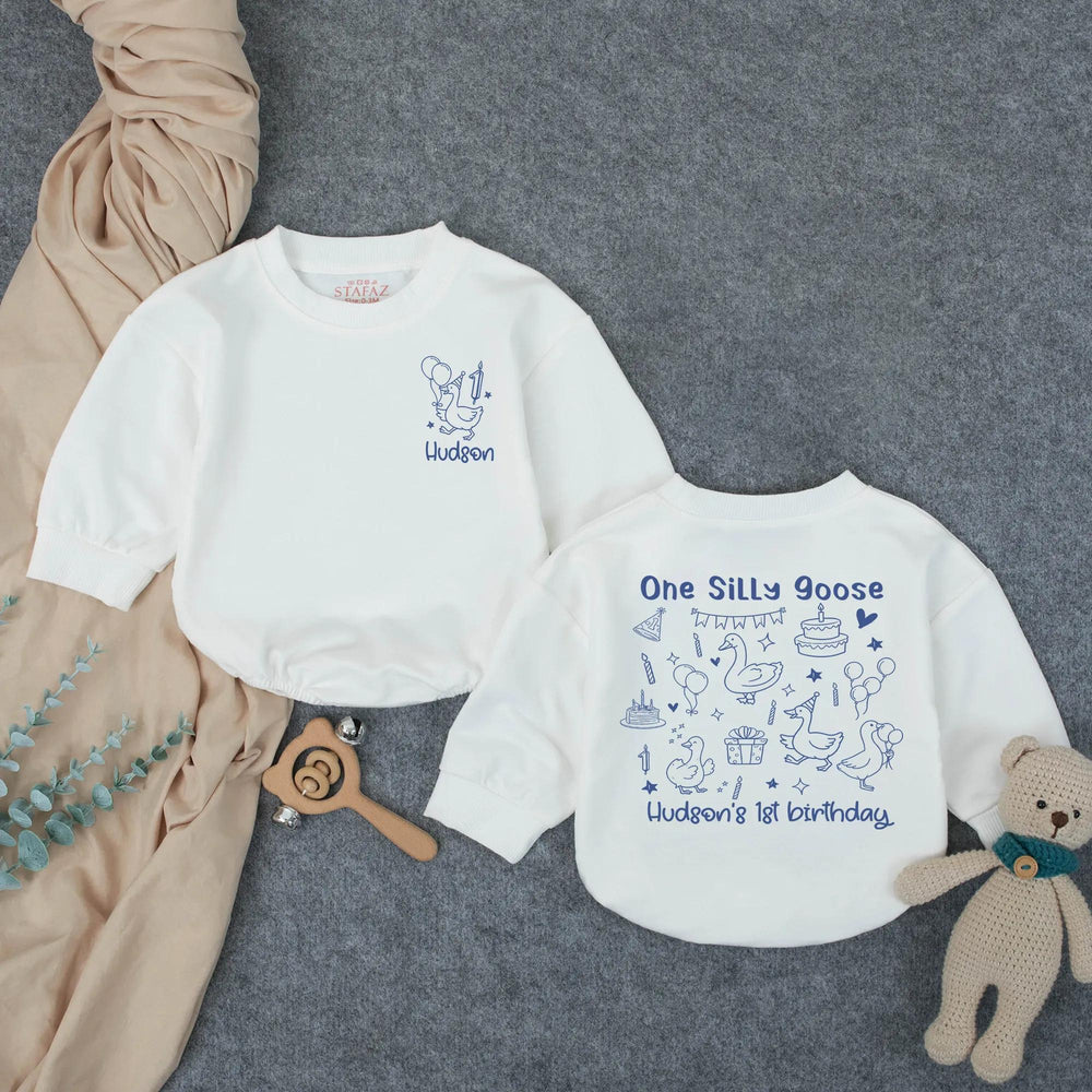 Personalized First Birthday Boy Romper with Goose Theme Hudson's 1st Celebration Outfit Charming Hand-Drawn Blue Design Custom Name