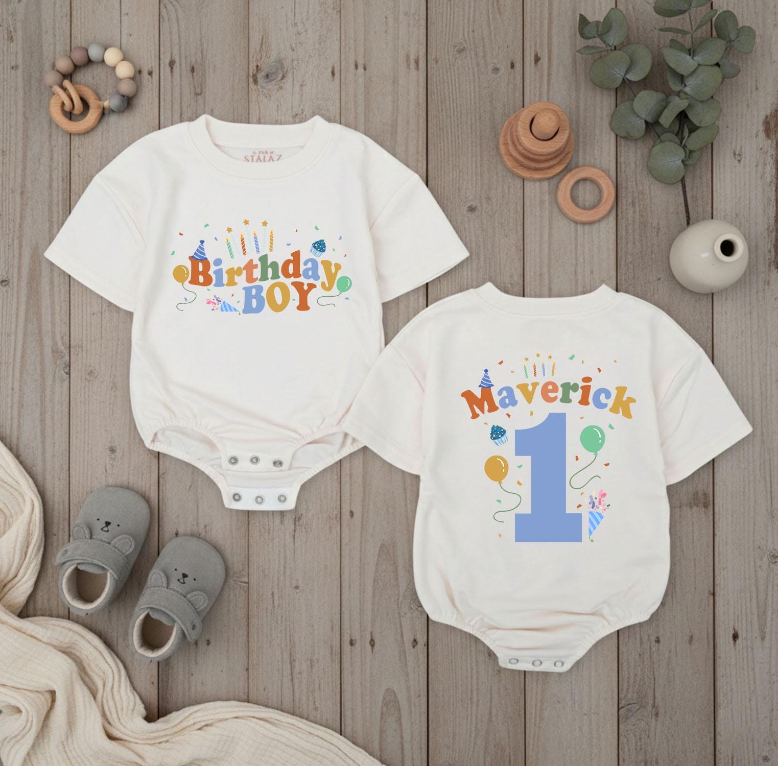 Personalized First Birthday Boy Romper with Retro Balloons Design, Baby Party Outfit, Custom Name Bodysuit, Cake Smash Outfit Gift