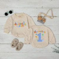 Custom Baby Boy Birthday Romper with Balloons & Candle Artwork, Personalized Name & Age, Soft Cotton Bodysuit for Cake Smash & Milestone Photos