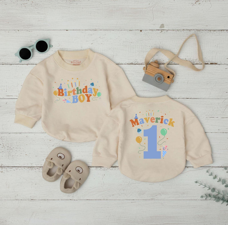 Custom Baby Boy Birthday Romper with Balloons & Candle Artwork, Personalized Name & Age, Soft Cotton Bodysuit for Cake Smash & Milestone Photos
