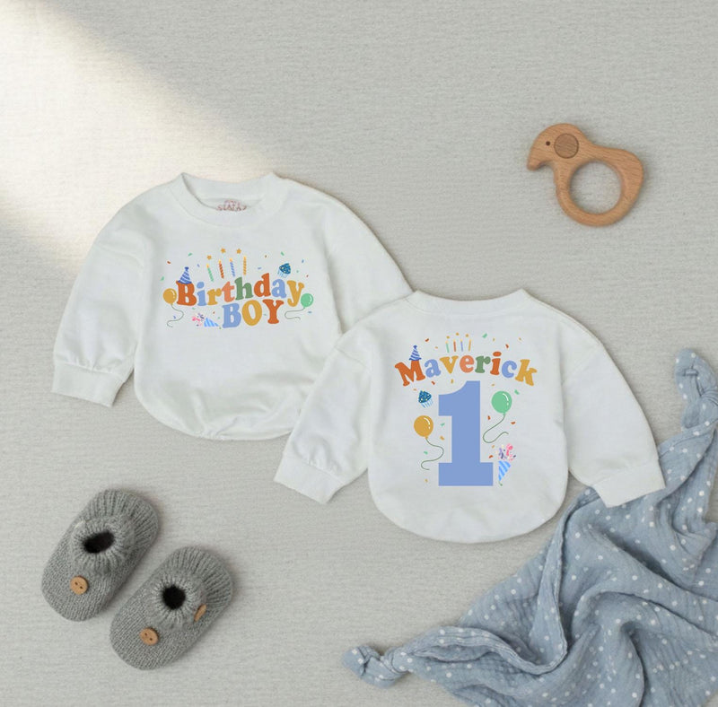 Custom Baby Boy Birthday Romper with Balloons & Candle Artwork, Personalized Name & Age, Soft Cotton Bodysuit for Cake Smash & Milestone Photos