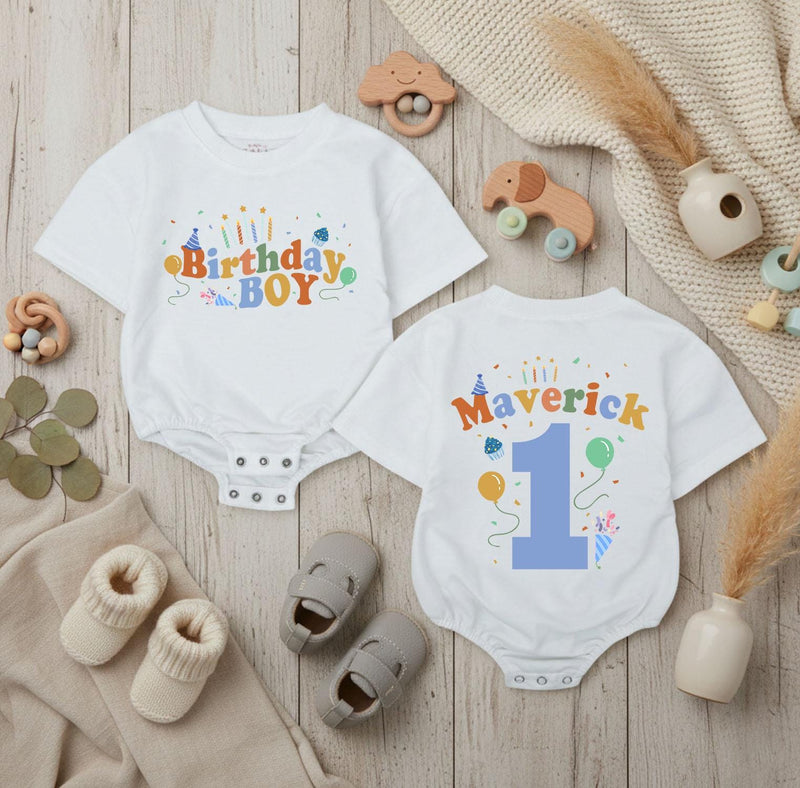 Custom Baby Boy Birthday Romper with Balloons & Candle Artwork, Personalized Name & Age, Soft Cotton Bodysuit for Cake Smash & Milestone Photos