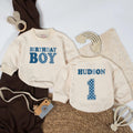 Personalized First Birthday Boy Romper with Retro Blue Design Custom Name Baby Bodysuit Celebration Outfit Chunky Font Checkerboard Number 1