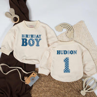 Personalized First Birthday Boy Romper with Retro Blue Design Custom Name Baby Bodysuit Celebration Outfit Chunky Font Checkerboard Number 1
