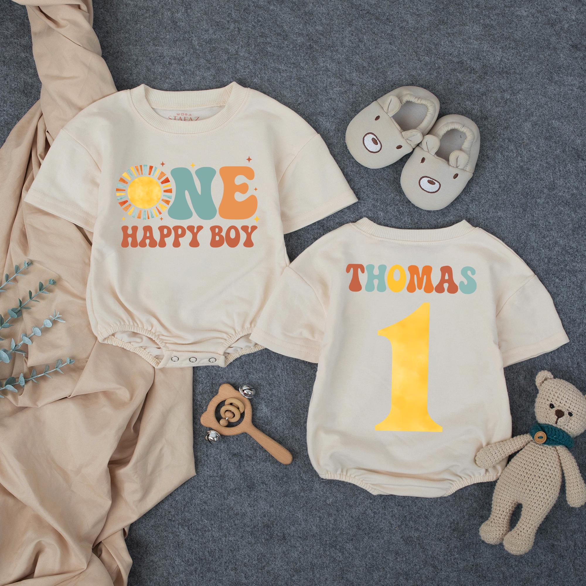 Personalized First Birthday Boy Romper Retro Design One Happy Boy Cake Smash Outfit Mustard Teal Burnt Orange Cotton Baby Clothes