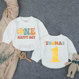 Personalized First Birthday Boy Romper Retro Design One Happy Boy Cake Smash Outfit Mustard Teal Burnt Orange Cotton Baby Clothes