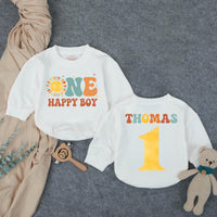 Personalized First Birthday Boy Romper Retro Design One Happy Boy Cake Smash Outfit Mustard Teal Burnt Orange Cotton Baby Clothes