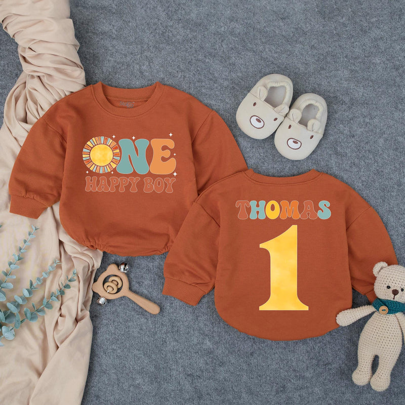 Personalized First Birthday Boy Romper Retro Design One Happy Boy Cake Smash Outfit Mustard Teal Burnt Orange Cotton Baby Clothes