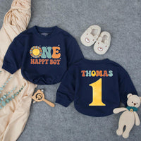 Personalized First Birthday Boy Romper Retro Design One Happy Boy Cake Smash Outfit Mustard Teal Burnt Orange Cotton Baby Clothes