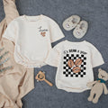 Personalized First Birthday Bubble Romper with Luna Name Coffee Bean Design Toddler Outfit Retro Checkerboard Pattern Baby Shower Gift