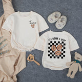 Personalized First Birthday Bubble Romper with Luna Name Coffee Bean Design Toddler Outfit Retro Checkerboard Pattern Baby Shower Gift