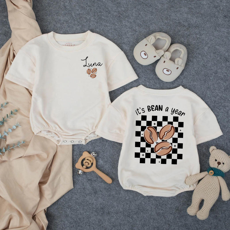 Personalized First Birthday Bubble Romper with Luna Name Coffee Bean Design Toddler Outfit Retro Checkerboard Pattern Baby Shower Gift