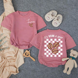 Personalized First Birthday Bubble Romper with Luna Name Coffee Bean Design Toddler Outfit Retro Checkerboard Pattern Baby Shower Gift