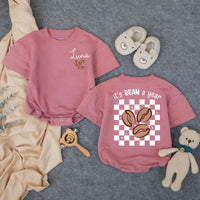 Personalized First Birthday Bubble Romper with Luna Name Coffee Bean Design Toddler Outfit Retro Checkerboard Pattern Baby Shower Gift
