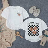 Personalized First Birthday Bubble Romper with Luna Name Coffee Bean Design Toddler Outfit Retro Checkerboard Pattern Baby Shower Gift