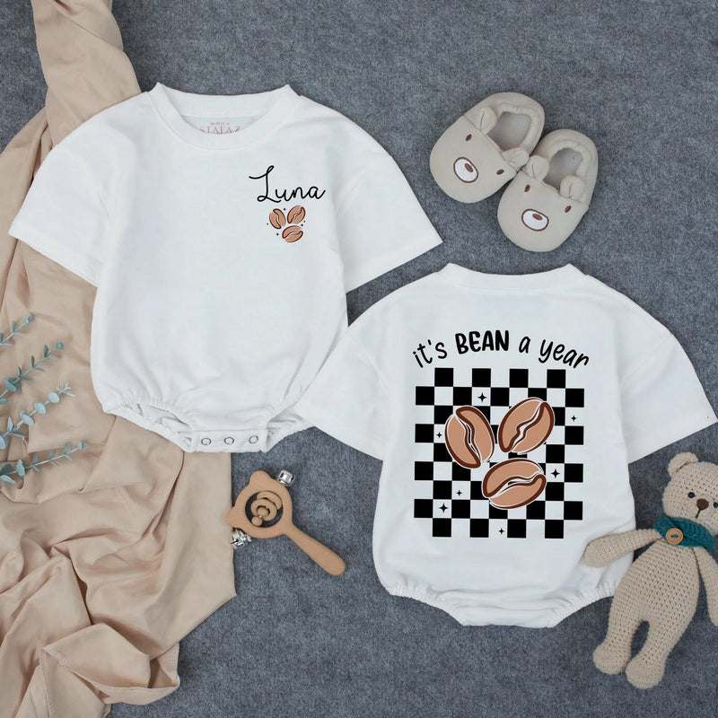 Personalized First Birthday Bubble Romper with Luna Name Coffee Bean Design Toddler Outfit Retro Checkerboard Pattern Baby Shower Gift