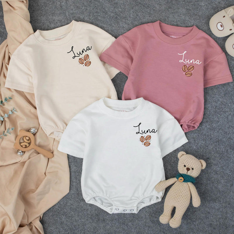 Personalized First Birthday Bubble Romper with Luna Name Coffee Bean Design Toddler Outfit Retro Checkerboard Pattern Baby Shower Gift