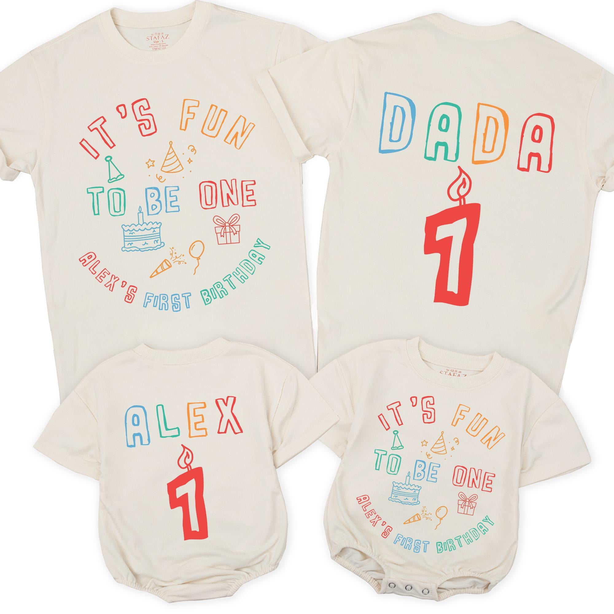 Personalized First Birthday Family Shirts with Colorful Party Design, Infant Toddler Baby Clothes, Custom Name and Number for Boys Girls
