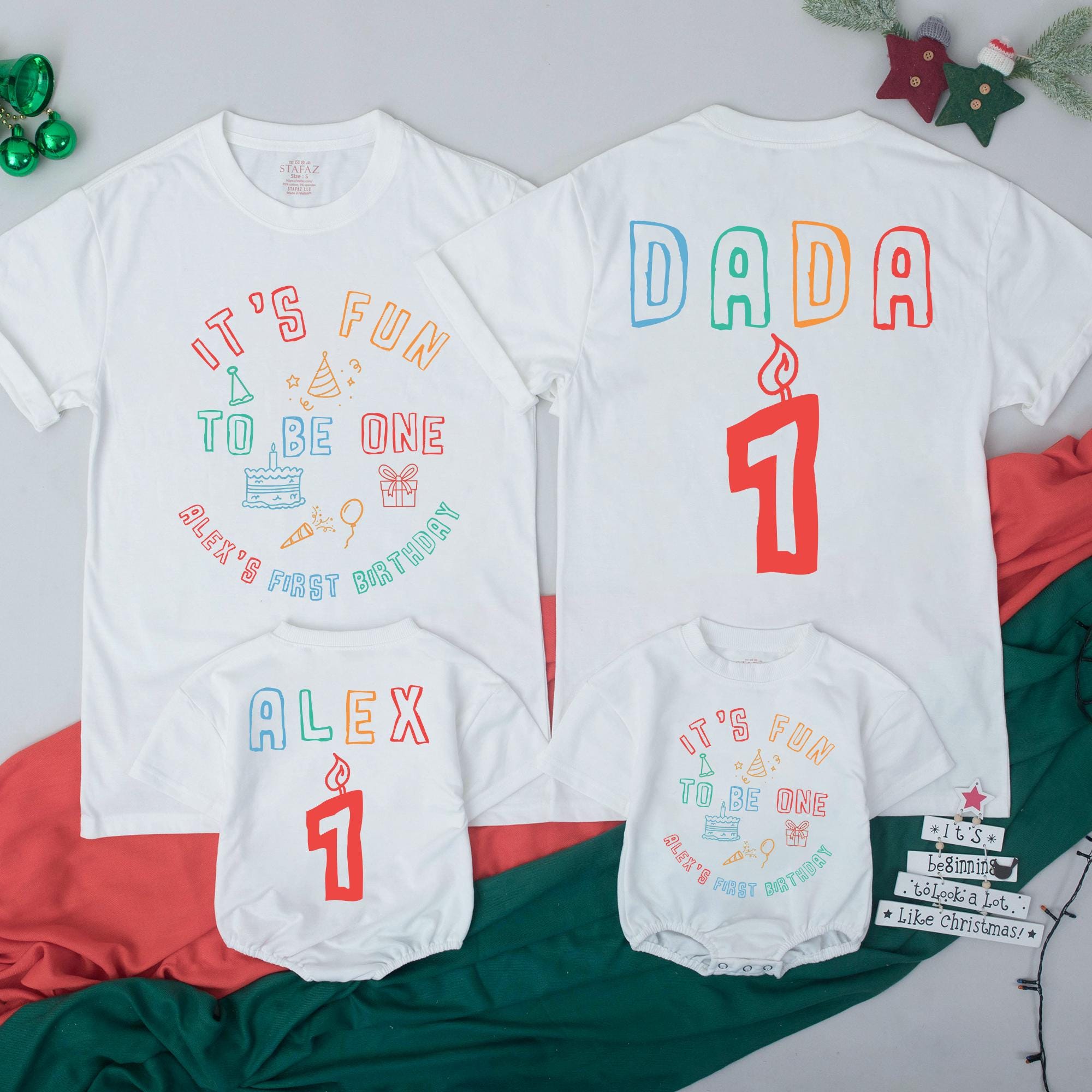 Personalized First Birthday Family Shirts with Colorful Party Design, Infant Toddler Baby Clothes, Custom Name and Number for Boys Girls