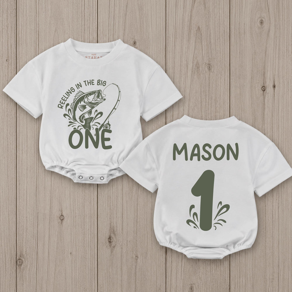 Personalized First Birthday Fishing Outfit Baby Romper Reeling in the Big One Bodysuit Soft Cotton One Year Old Boy or Girl Gift