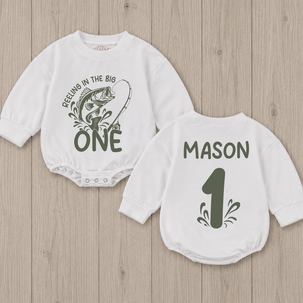Personalized First Birthday Fishing Outfit Baby Romper Reeling in the Big One Bodysuit Soft Cotton One Year Old Boy or Girl Gift