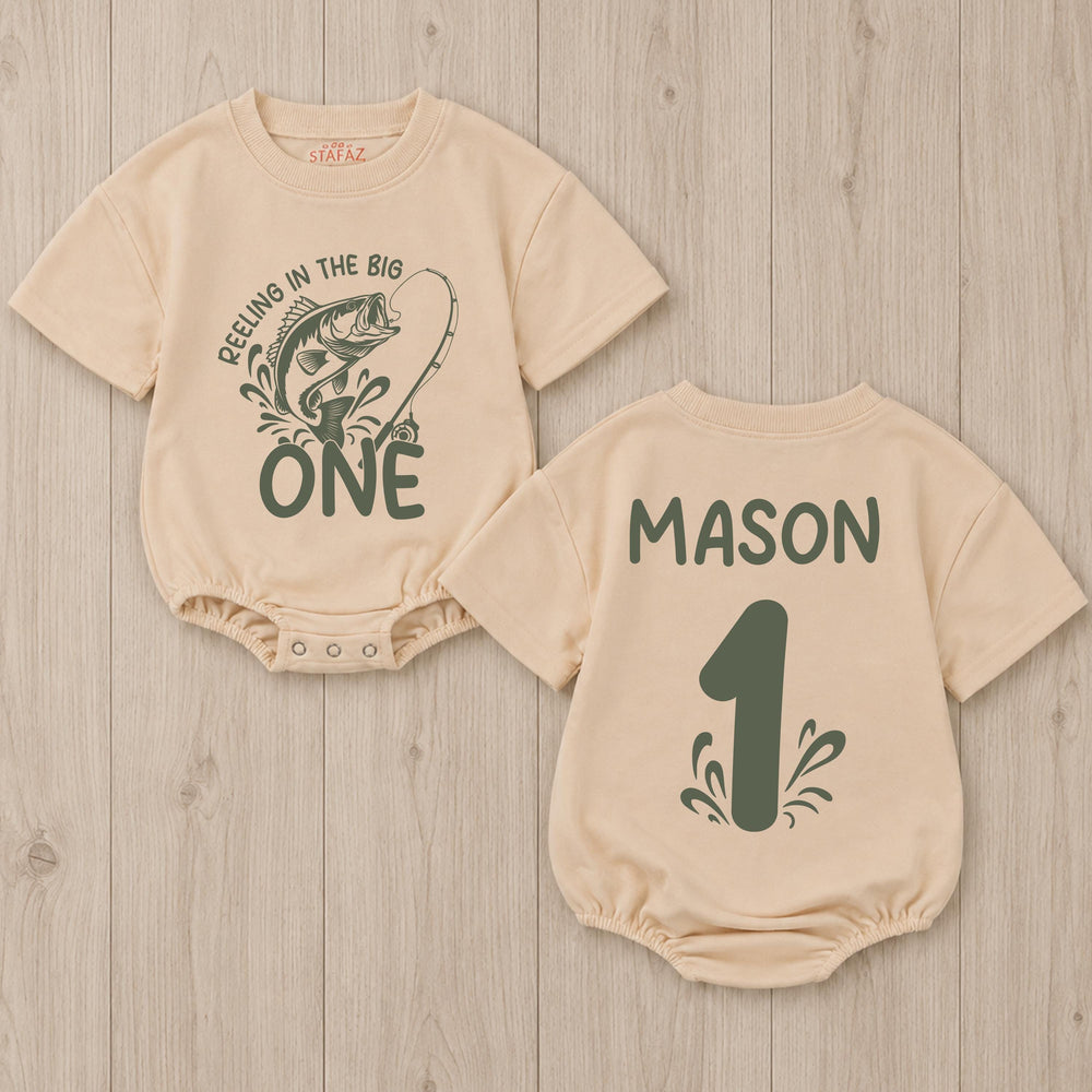 Personalized First Birthday Fishing Outfit Baby Romper Reeling in the Big One Bodysuit Soft Cotton One Year Old Boy or Girl Gift
