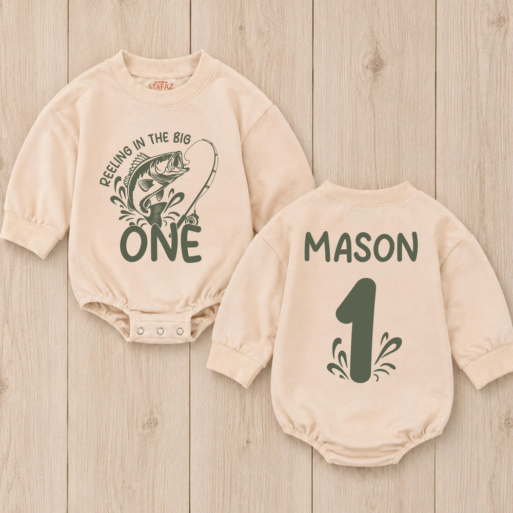 Personalized First Birthday Fishing Outfit Baby Romper Reeling in the Big One Bodysuit Soft Cotton One Year Old Boy or Girl Gift