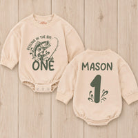 Personalized First Birthday Fishing Outfit Baby Romper Reeling in the Big One Bodysuit Soft Cotton One Year Old Boy or Girl Gift