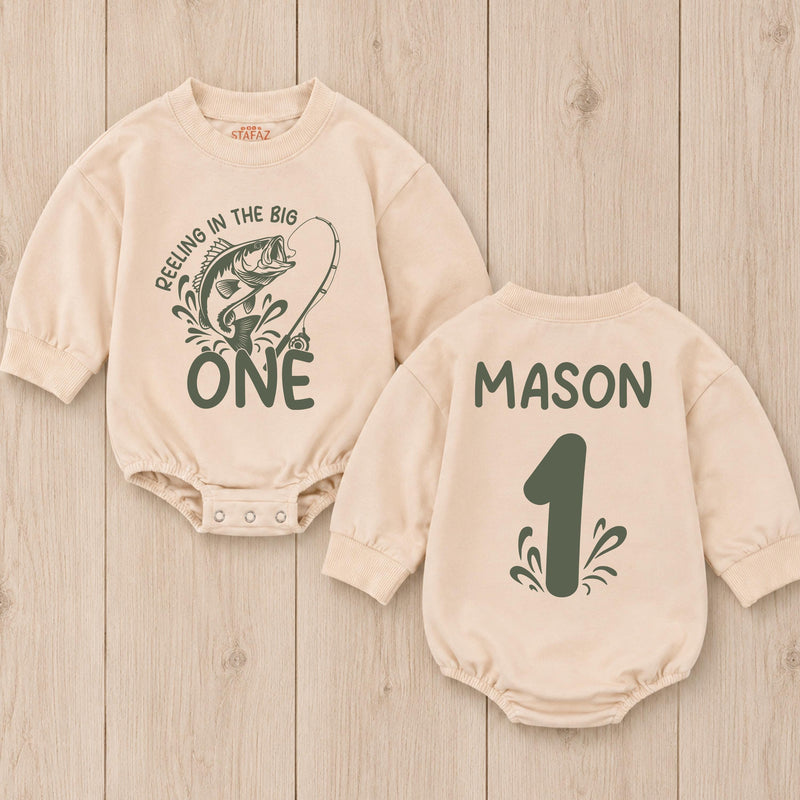 Personalized First Birthday Fishing Outfit Baby Romper Reeling in the Big One Bodysuit Soft Cotton One Year Old Boy or Girl Gift