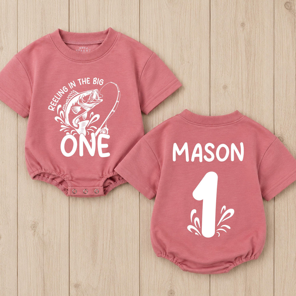 Personalized First Birthday Fishing Outfit Baby Romper Reeling in the Big One Bodysuit Soft Cotton One Year Old Boy or Girl Gift