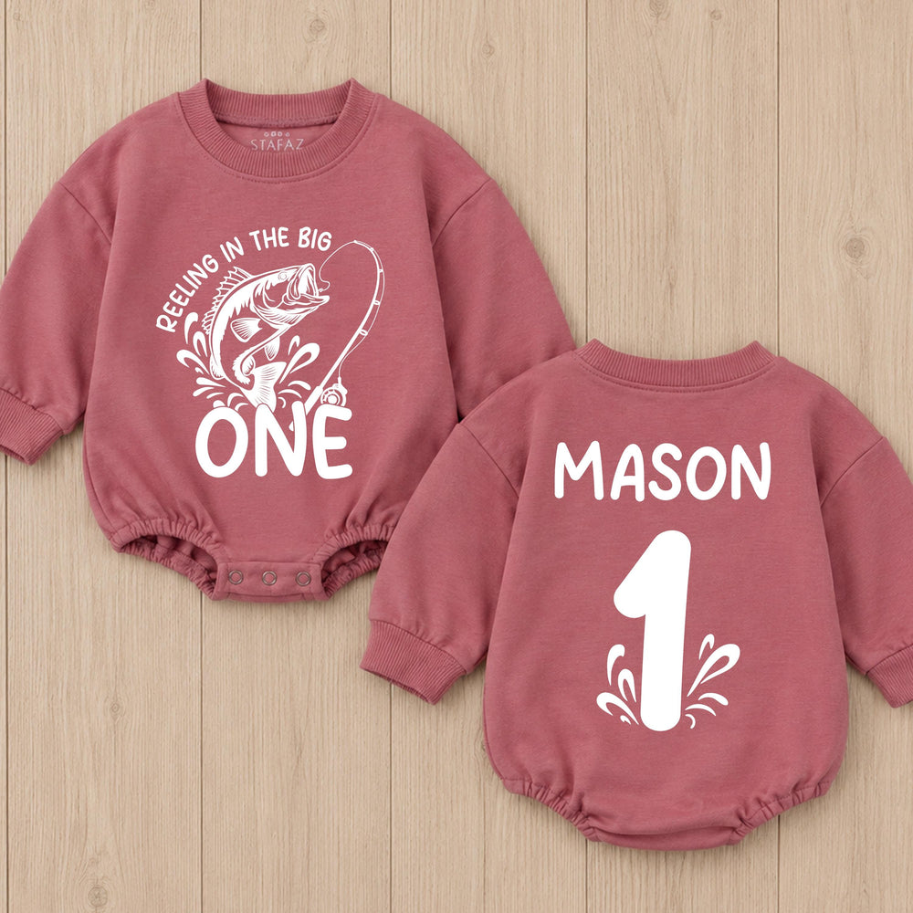 Personalized First Birthday Fishing Outfit Baby Romper Reeling in the Big One Bodysuit Soft Cotton One Year Old Boy or Girl Gift