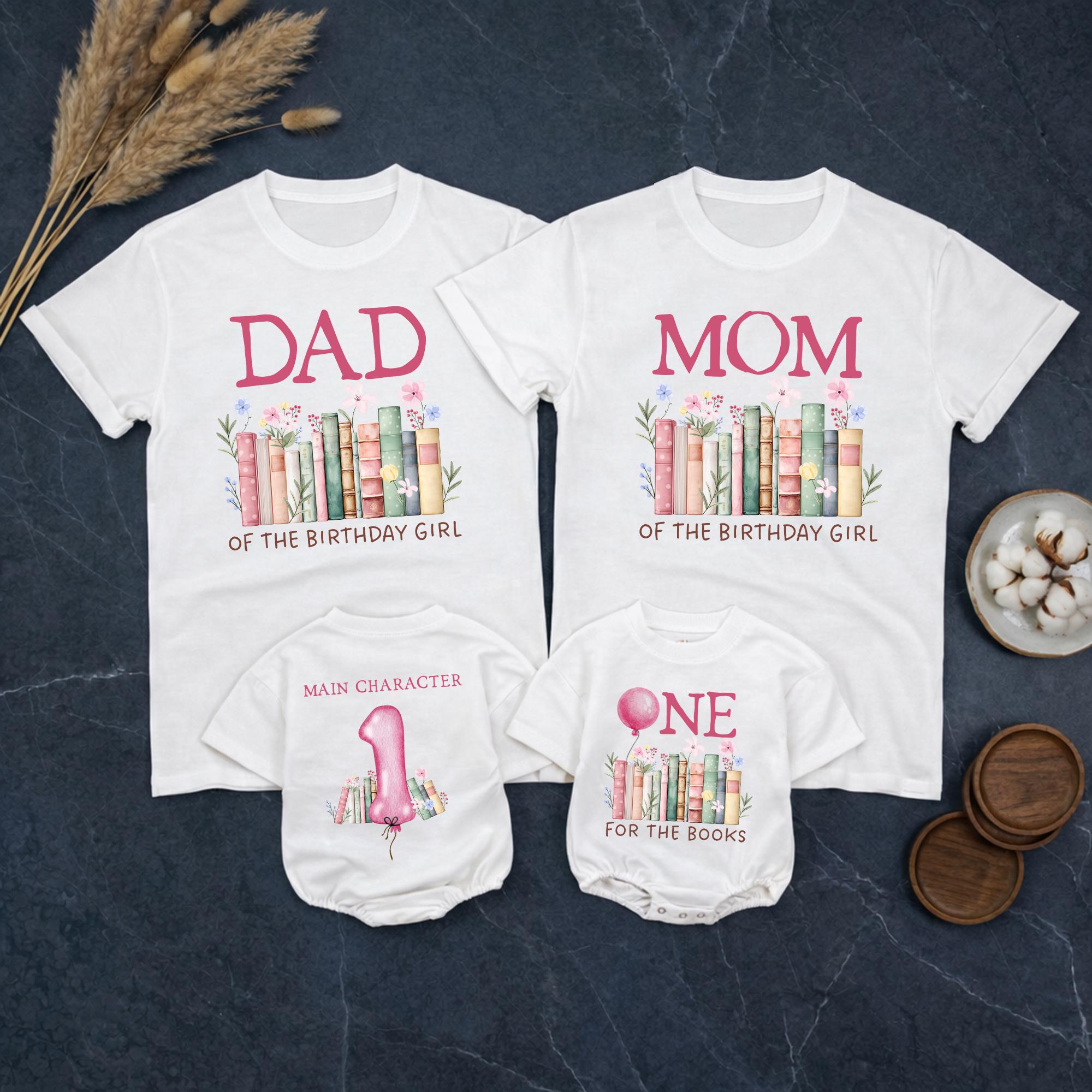 Personalized First Birthday Girl Family Shirts with Book Theme, Matching Outfits Featuring Pink Floral Design, 1st Birthday Bubble Romper