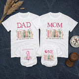 Personalized First Birthday Girl Family Shirts with Book Theme, Matching Outfits Featuring Pink Floral Design, 1st Birthday Bubble Romper