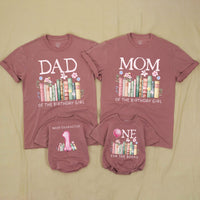 Personalized First Birthday Girl Family Shirts with Book Theme, Matching Outfits Featuring Pink Floral Design, 1st Birthday Bubble Romper