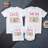 Personalized First Birthday Girl Family Shirts with Book Theme, Matching Outfits Featuring Pink Floral Design, 1st Birthday Bubble Romper