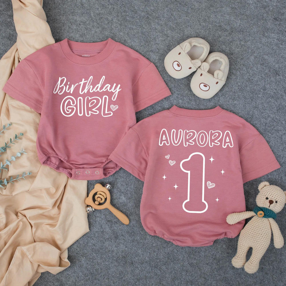Personalized First Birthday Girl Outfit Bubble Romper with Pastel Design Custom Toddler T-shirt or Kids Party Clothes for Special Day