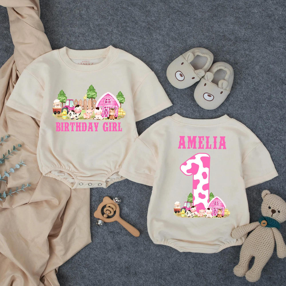 Personalized First Birthday Girl Romper with Barnyard Animals Design, Pink Cow Print Outfit Custom Name Baby Party Clothes Gift