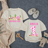 Personalized First Birthday Girl Romper with Barnyard Animals Design, Pink Cow Print Outfit Custom Name Baby Party Clothes Gift