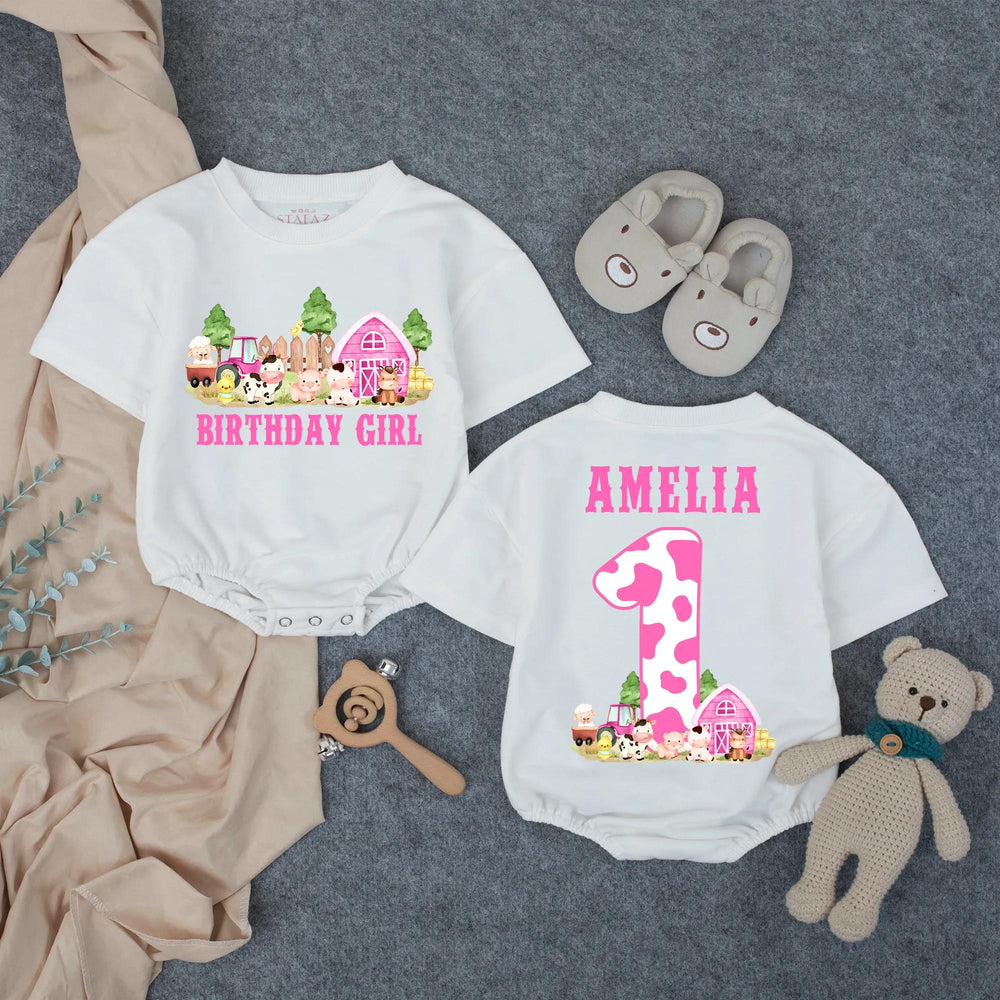Personalized First Birthday Girl Romper with Barnyard Animals Design, Pink Cow Print Outfit Custom Name Baby Party Clothes Gift